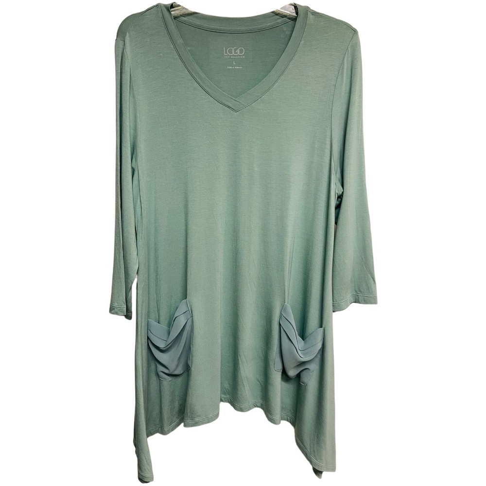 LOGO LORI GOLDSTEIN Tunic Top sage Green Chiffon Pockets Size Large